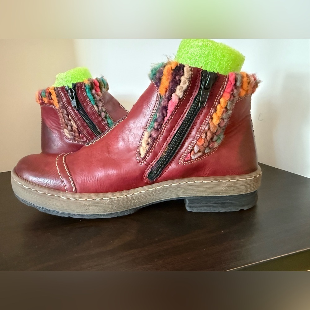 Rieker Red Ankle Boots with Colorful Knit Trim womens size 38 - Picture 3 of 7